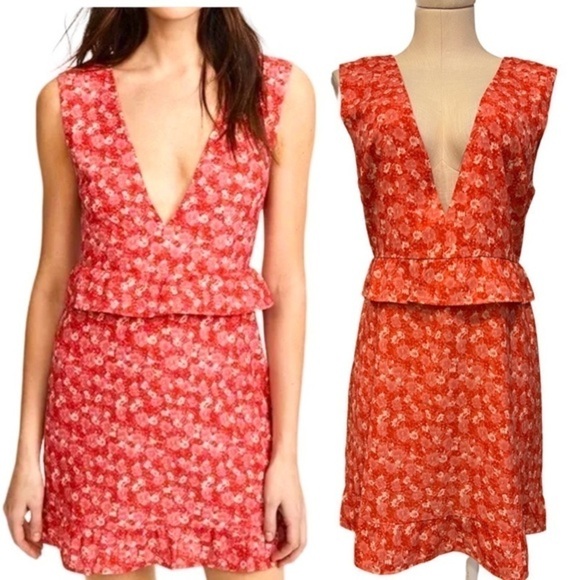Nightwalker Peplum Floral Mini Dress with Plunging V Neckline - Picture 1 of 15
